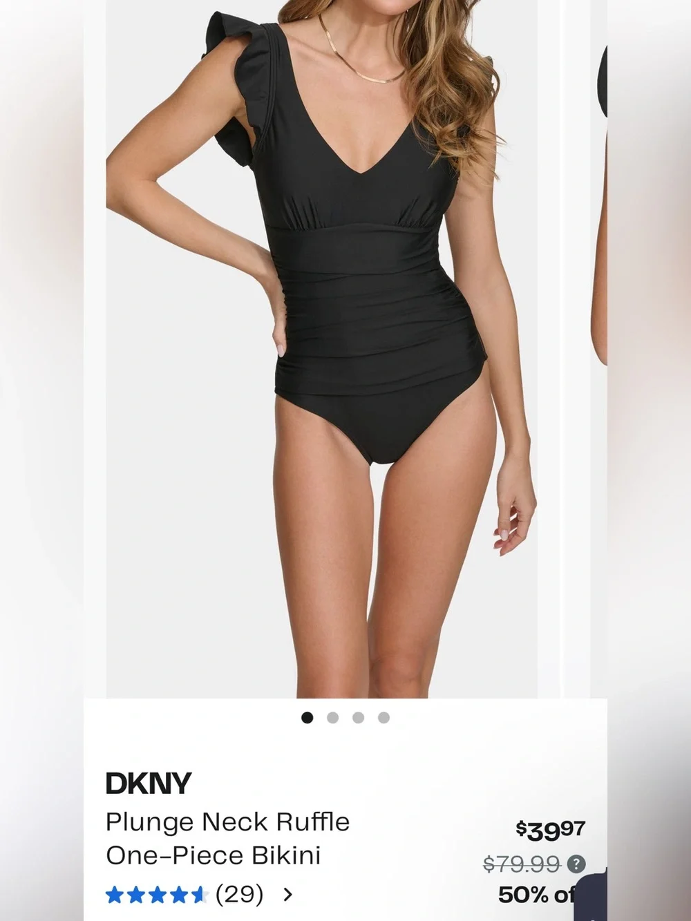 DKNY Black plunge Ruffle-Shoulder Scoop-Back One-Piece Swimsuit NWT - Picture 4 of 10